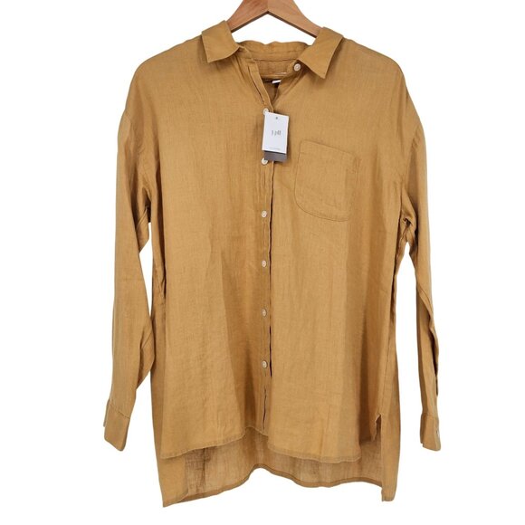 J.Jill Love Linen Button Up Shirt L Yellow Ochre Relaxed Fit Coastal Lagenlook - Picture 1 of 13